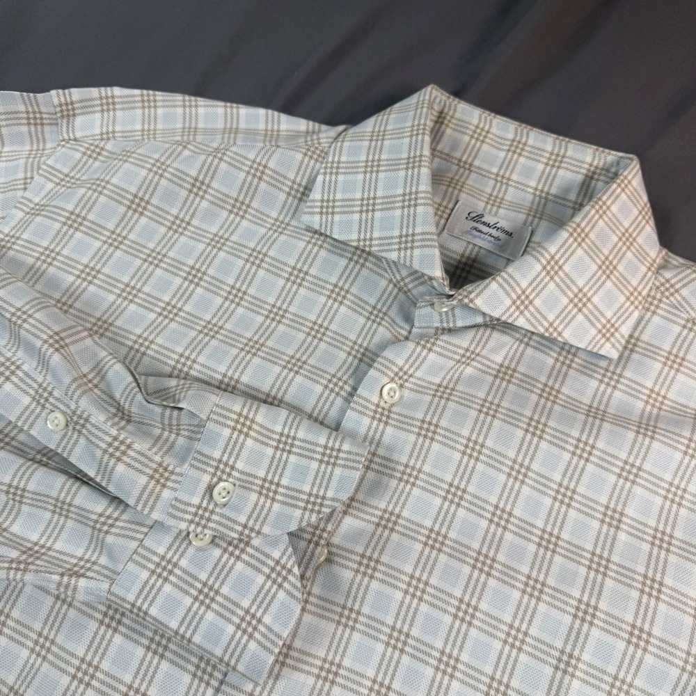 Stenströms Mens Fitted Body Plaid Dress Shirt Blue Tan Twofold Stretch 17 43